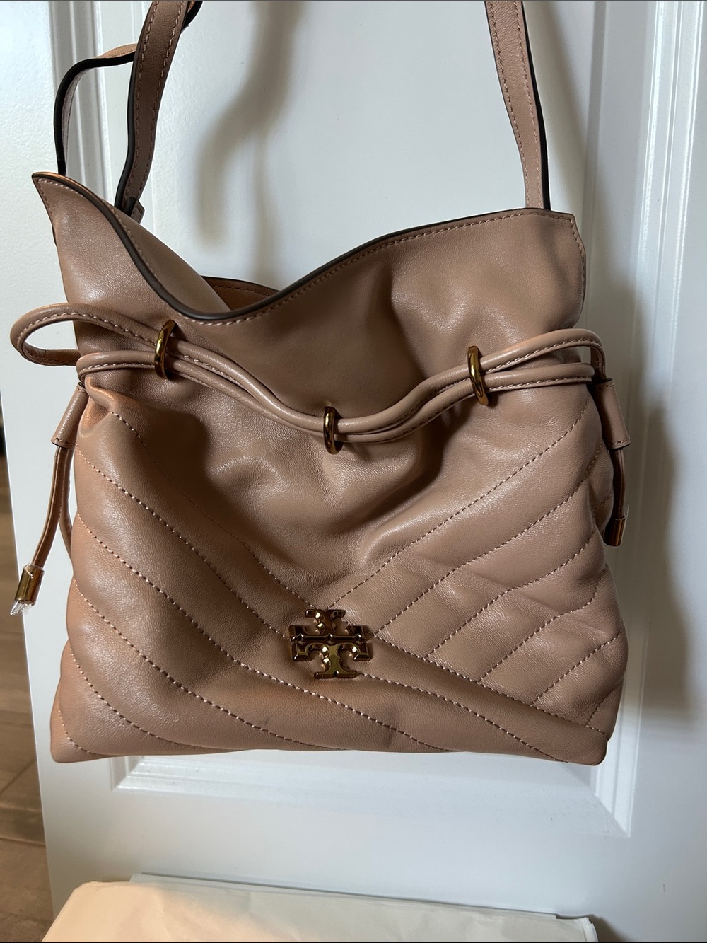 Tory Burch Quilted Drawstring Shoulder Bag in Nude Pink with Gold Hardware